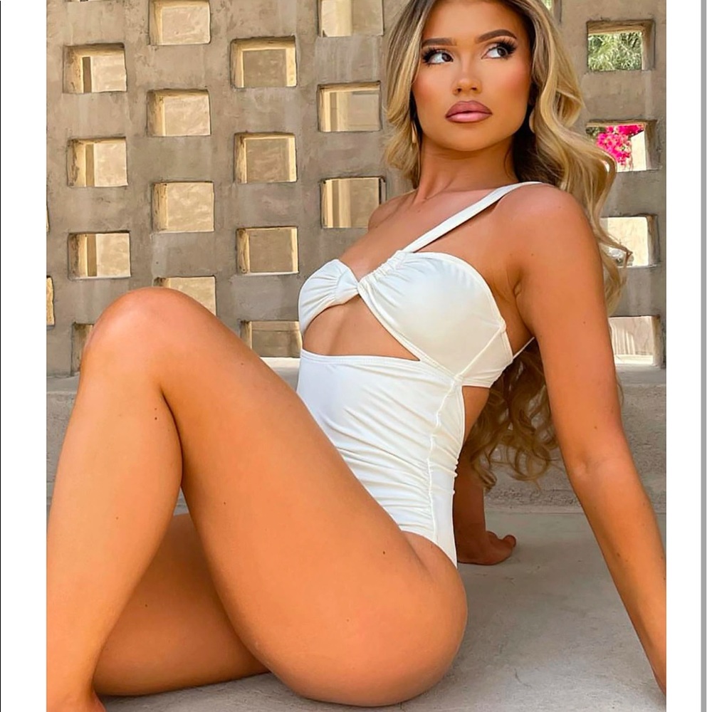 One Piece Swimsuit - White, one shoulder